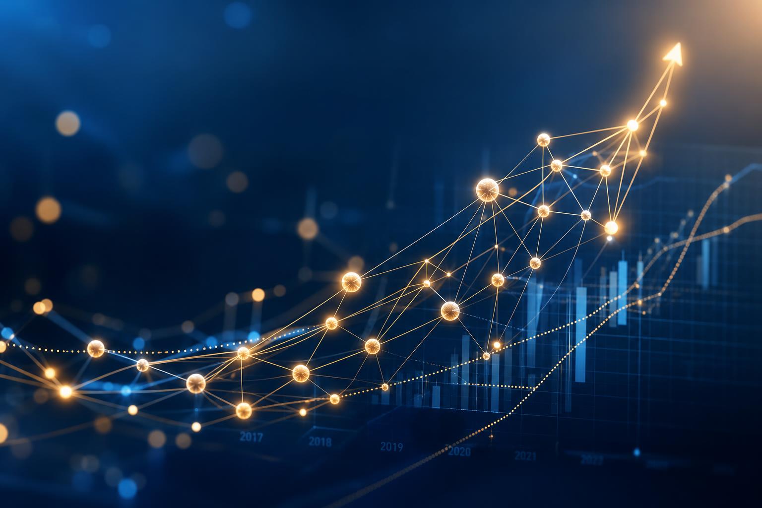 Abstract visualization of financial growth networks and market data connections