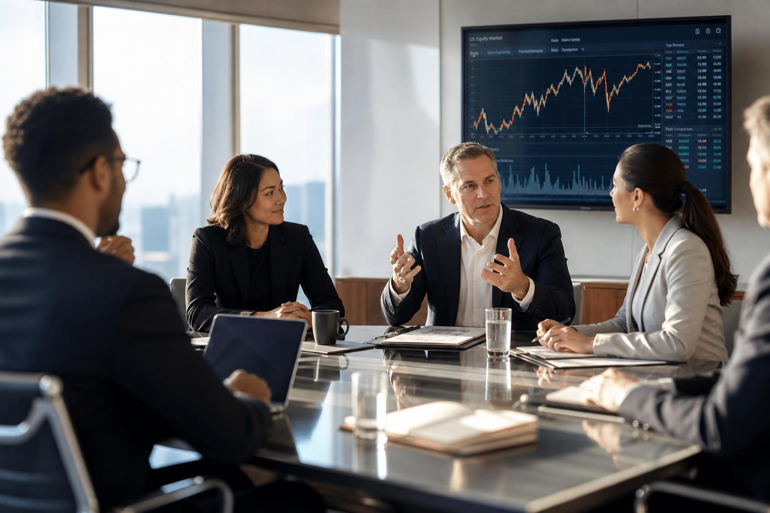 Professional investors discussing strategy in a modern boardroom